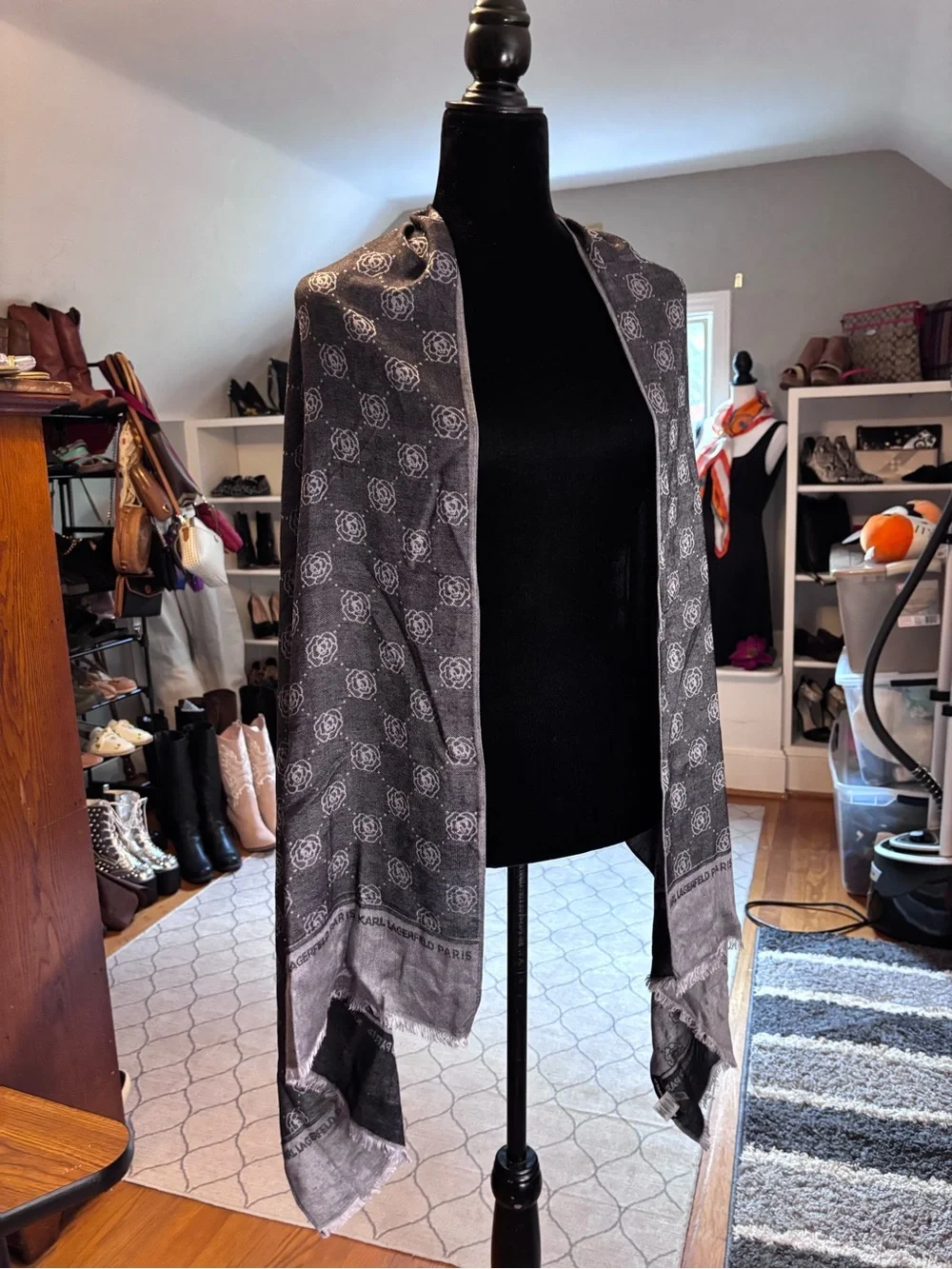 Karl Lagerfeld Paris Monogram Rose Print Oversized Wrap Scarf Gray Black Fringe